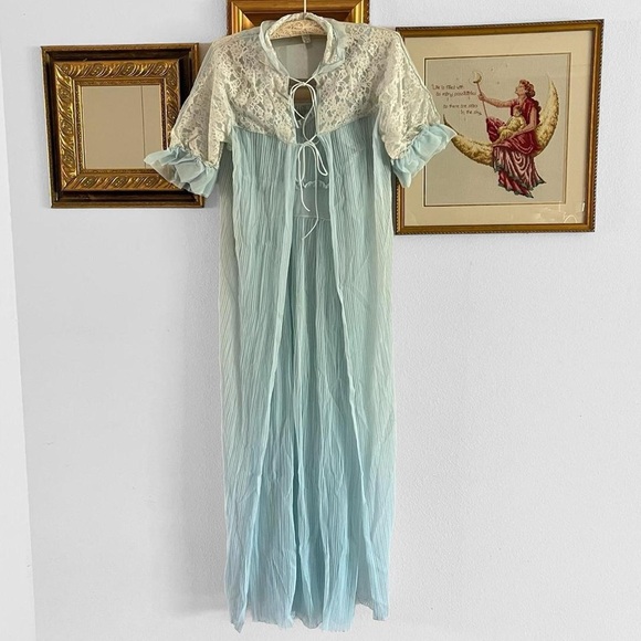 Mid Century Chiffon Peignoir Robe & Pleated Full Length Night Gown Set Vintage - Picture 9 of 10